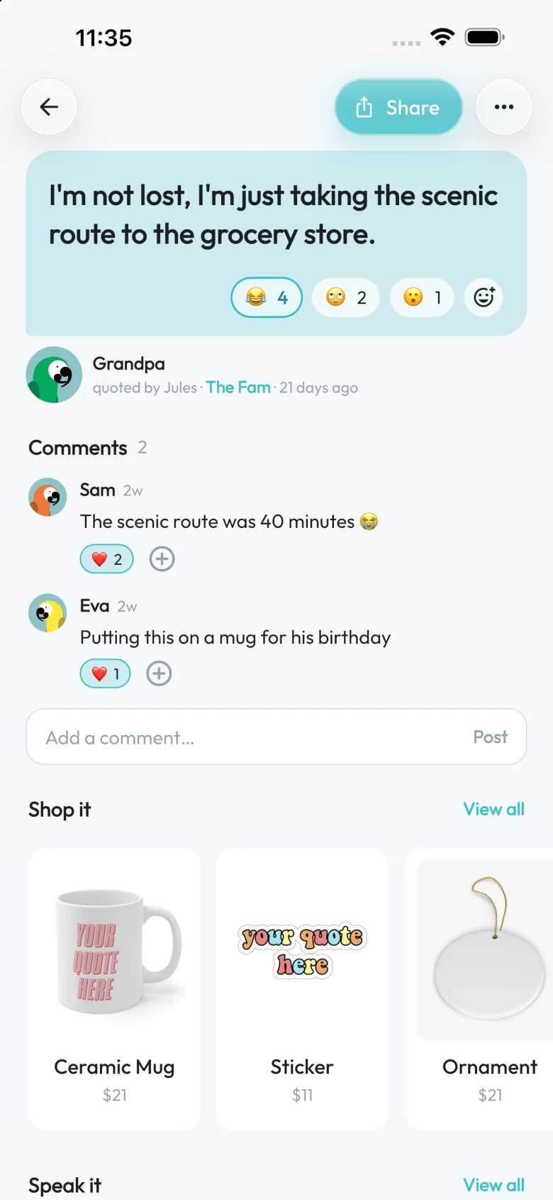 A quote page: the quote in its bubble with reactions, two comments, and Shop it products